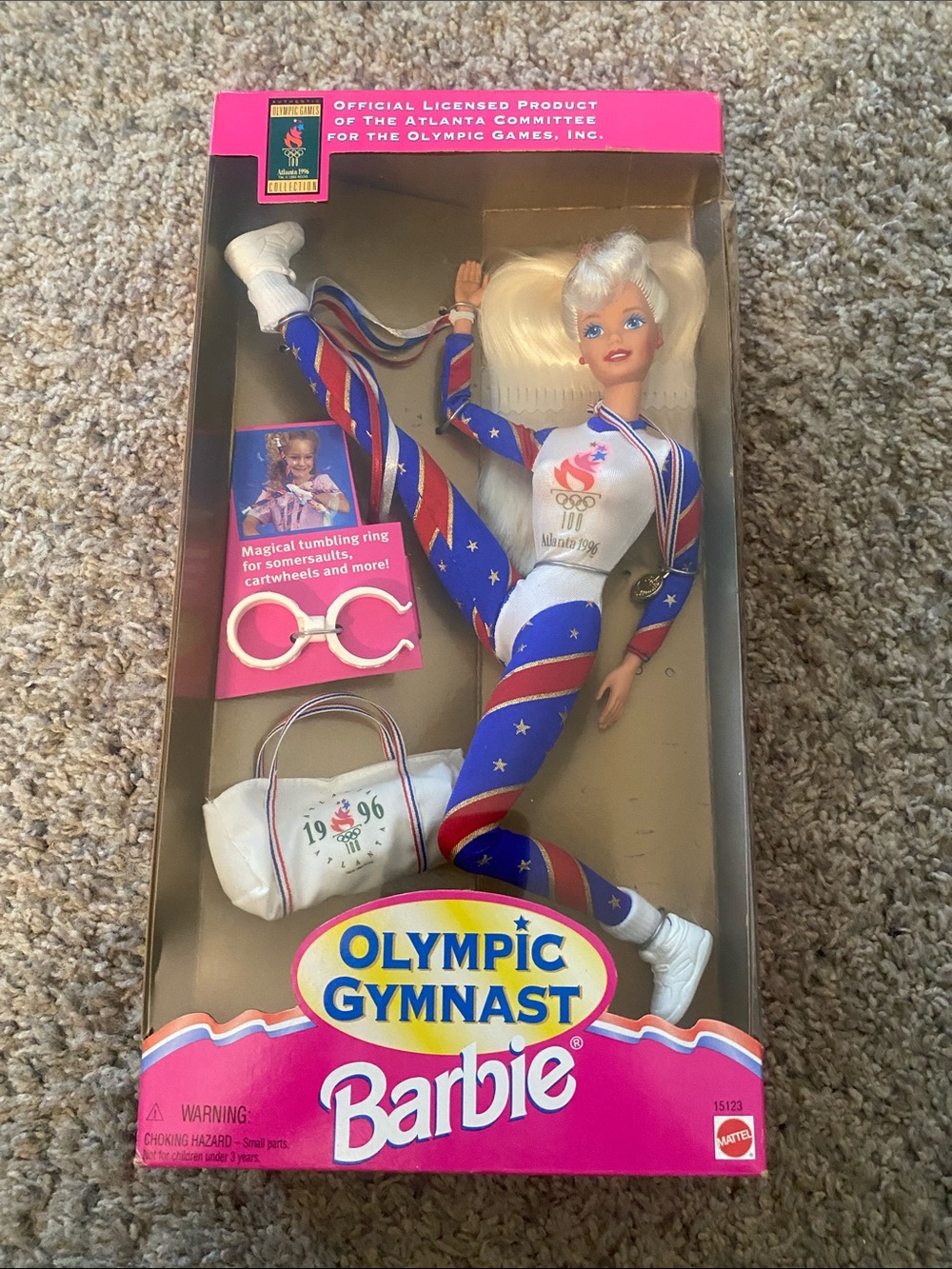 1996 Barbie Olympic Gymnast Doll - Blue, Red & White Leotard New in Box.